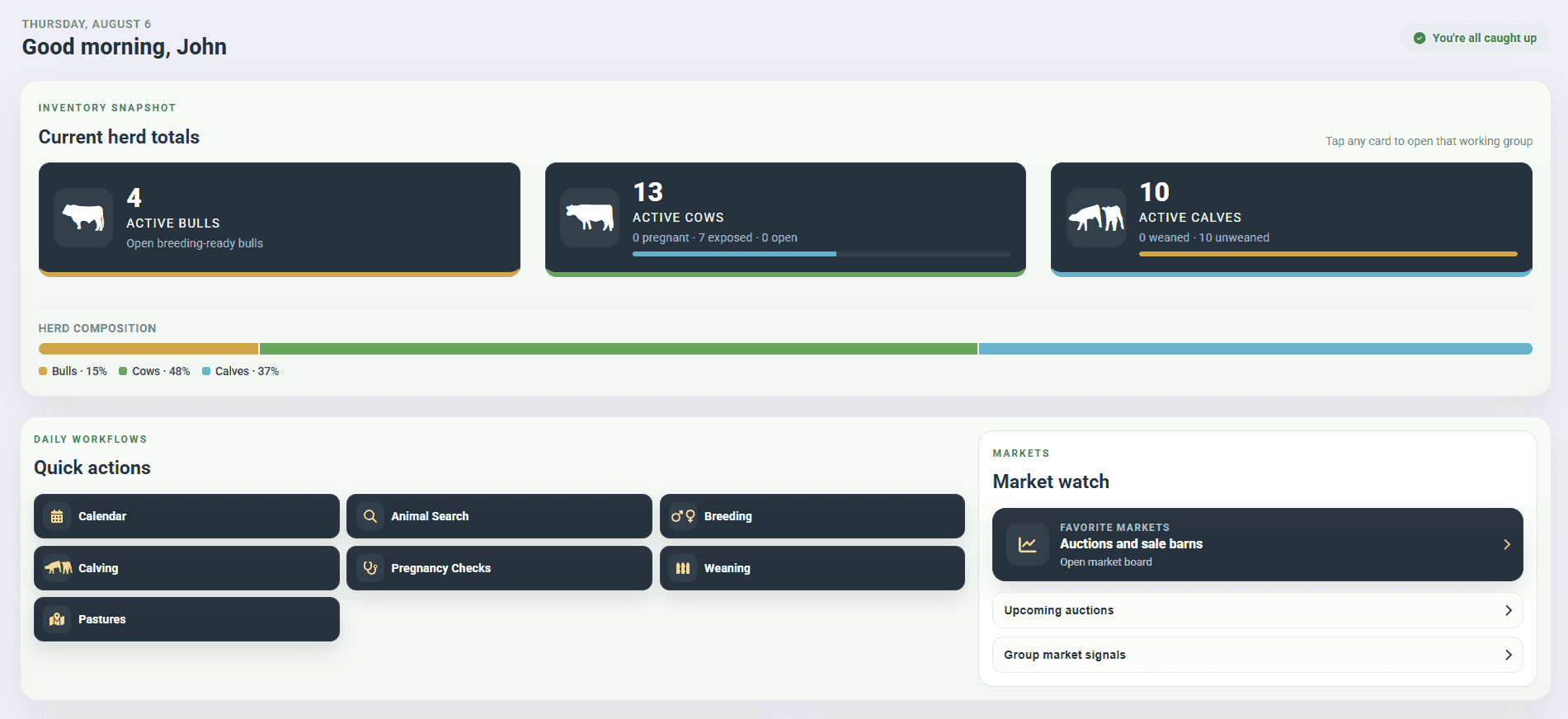 Cattle360 dashboard with herd summary cards, due dates, and recent ranch activity
