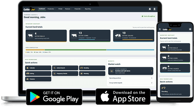 Cattle360 dashboard shown across laptop and mobile layouts with herd records and operational tools