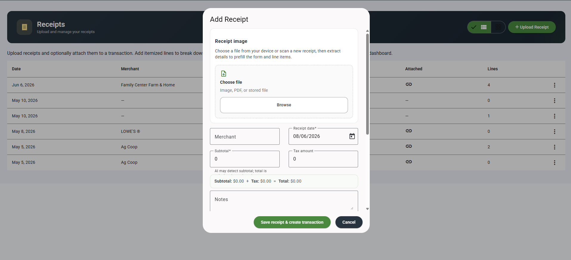 Cattle360 Add Receipt screen for uploading a receipt image and creating the linked transaction.
