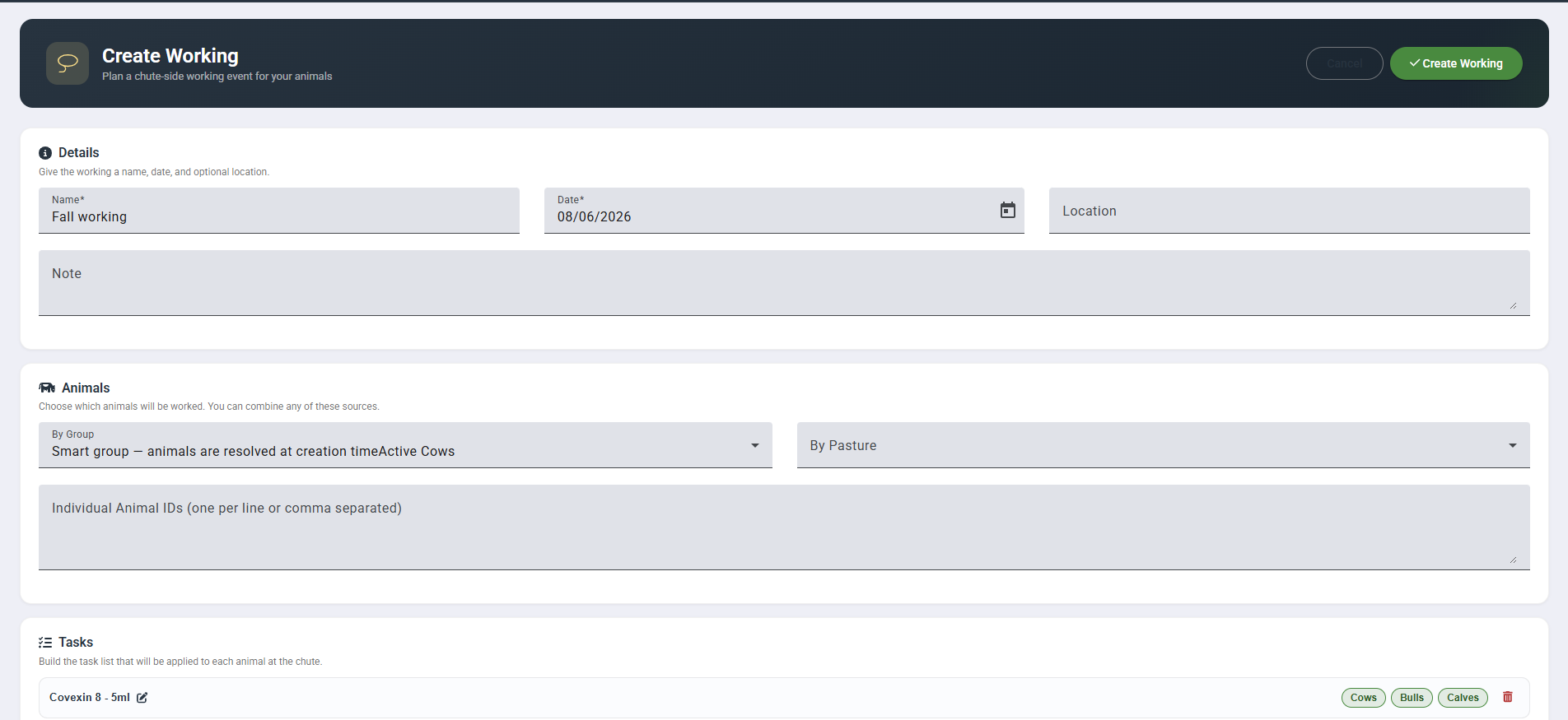 Cattle360 Create Working screen with details, animal sources, and task list setup.