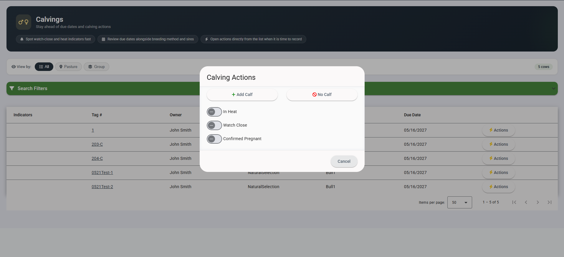 Cattle360 breeding and calving workflow with due dates, reproductive status, and calf record entry tools.