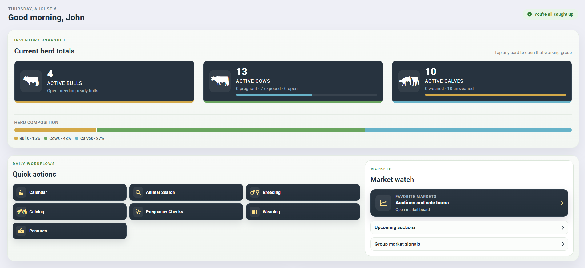 Cattle360 home dashboard summarizing herd totals and quick actions, including saved fieldsheet workflows.
