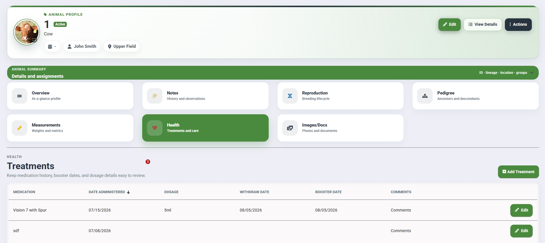 Cattle360 health treatment record with medication, dosage, and withdrawal date tracking on an animal profile.