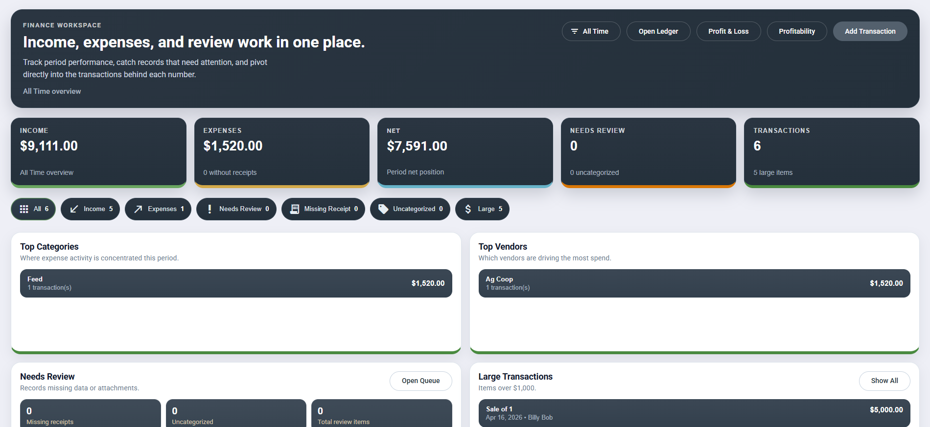 Cattle360 financial management screen with income, expenses, and receipt-supported transaction records.