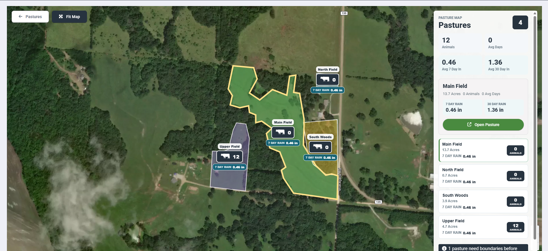 Cattle360 pasture map view showing acreage, rainfall, and animal head counts across grazing units.