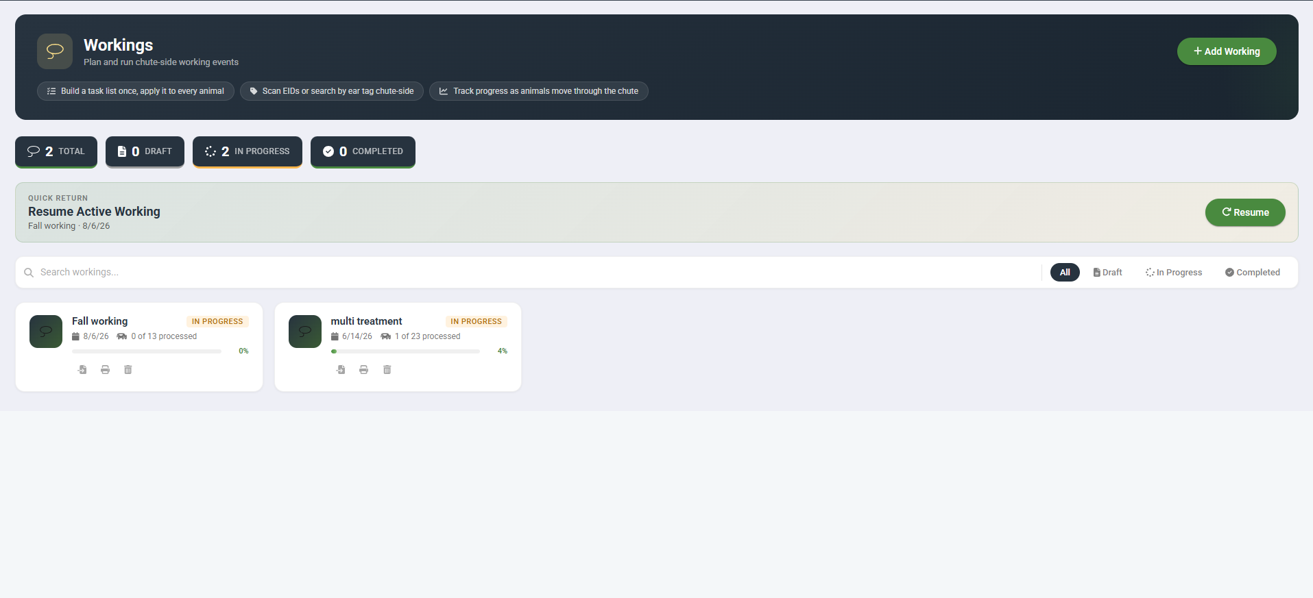 Cattle360 workings dashboard showing draft, in-progress, and completed working events with quick-return access.